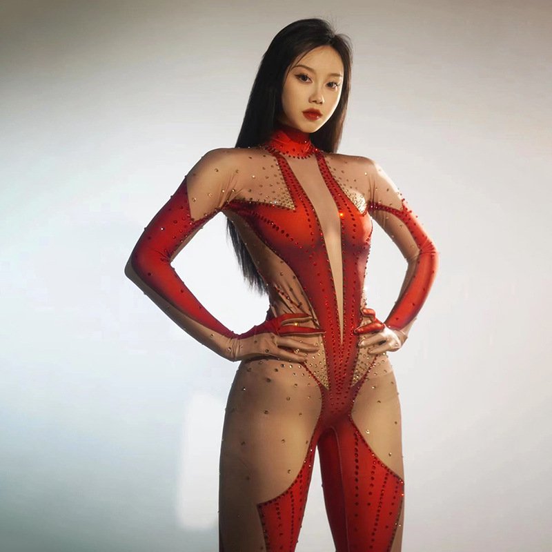Sexy Photoshoot Crystal Pole Dancer Outfits Female Rompers Stretch Leotard One Piece Bodysuit Women Club Rhinestone Jumpsuits