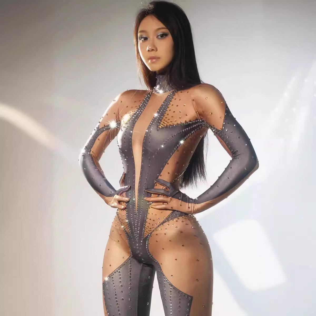 Sexy Photoshoot Crystal Pole Dancer Outfits Female Rompers Stretch Leotard One Piece Bodysuit Women Club Rhinestone Jumpsuits