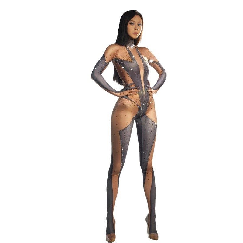 Sexy Photoshoot Crystal Pole Dancer Outfits Female Rompers Stretch Leotard One Piece Bodysuit Women Club Rhinestone Jumpsuits