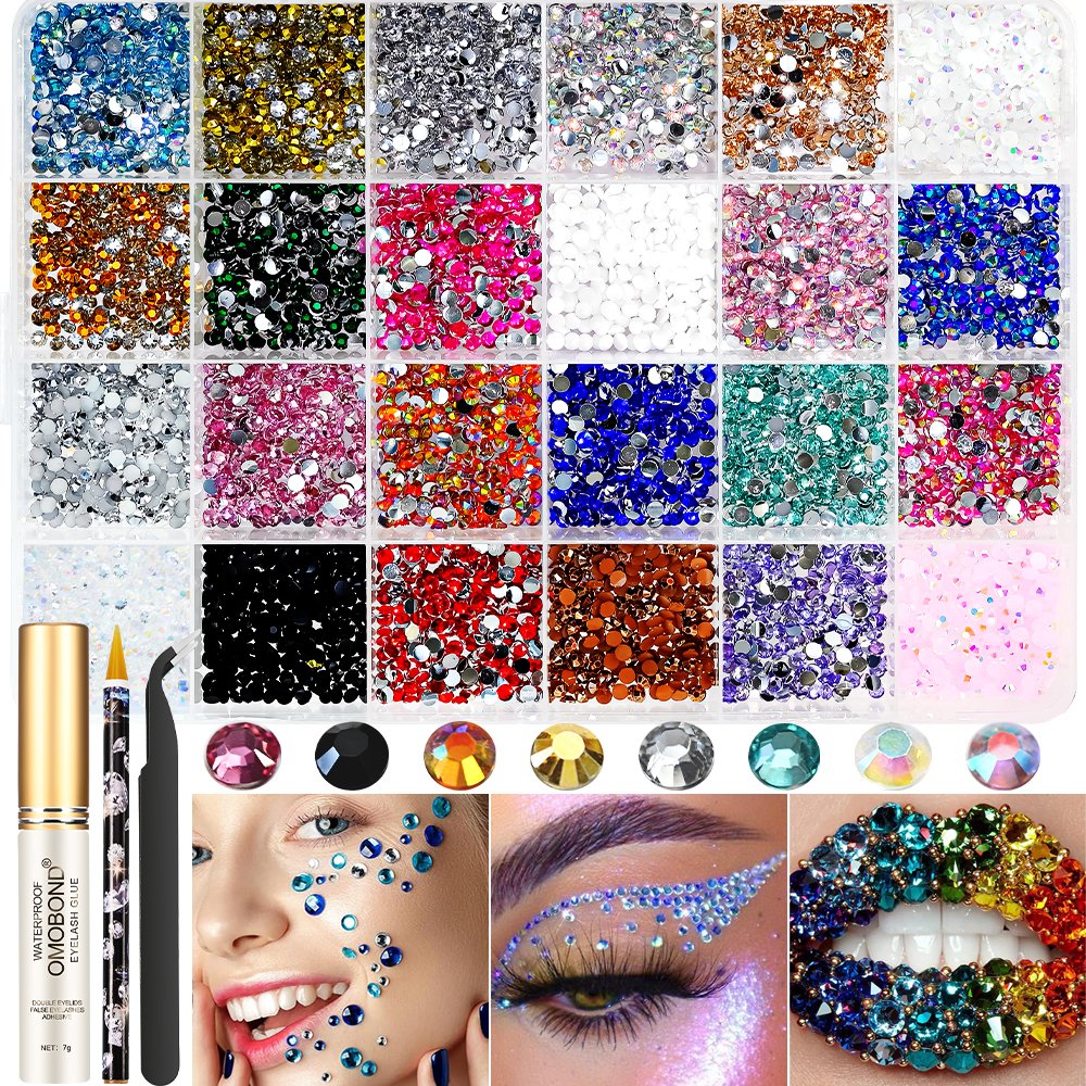 24 Grids Round Resin Flat Bottom Colorful Glitter Rhinestones DIY Nail Decoration Gem Accessories with Wax Pencil/Tweezers/Glue