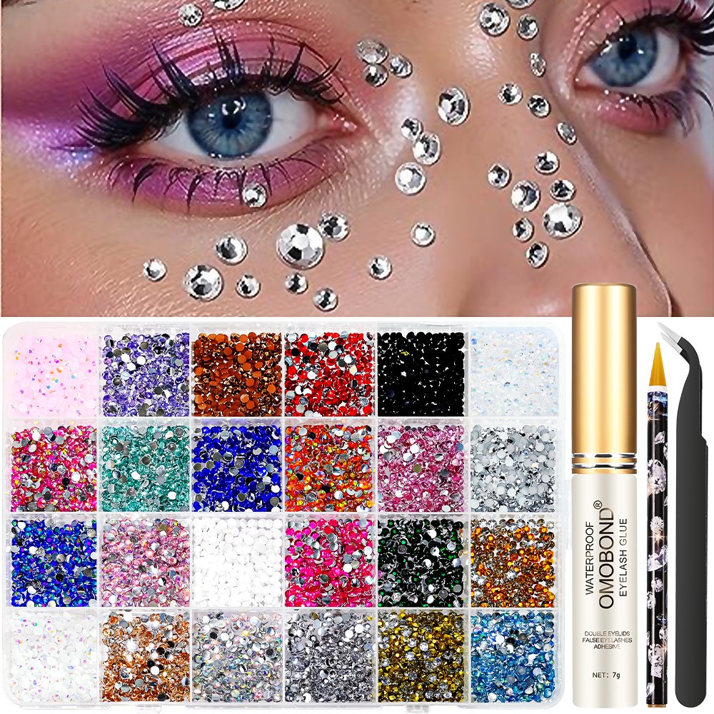 24 Grids Round Resin Flat Bottom Colorful Glitter Rhinestones DIY Nail Decoration Gem Accessories with Wax Pencil/Tweezers/Glue