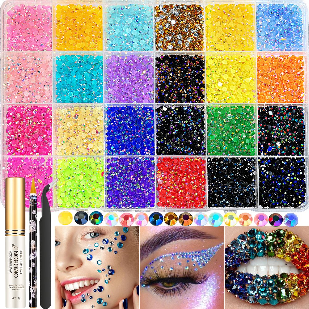 24 Grids Round Resin Flat Bottom Colorful Glitter Rhinestones DIY Nail Decoration Gem Accessories with Wax Pencil/Tweezers/Glue