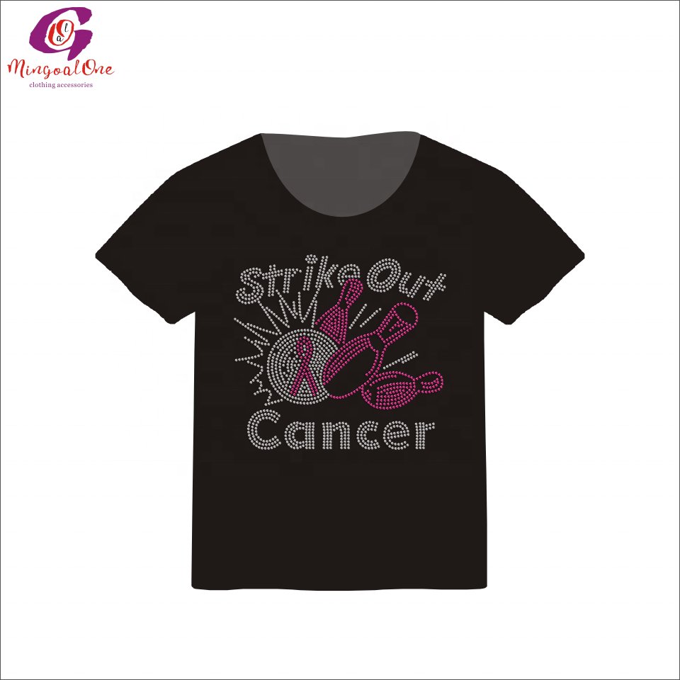 Wholesale Price Bling Pink Ribbon Hot Fix Rhinestone Transfer Strike Out Cancer Ribbon Saying Iron On Rhinestone Motif for Shirt