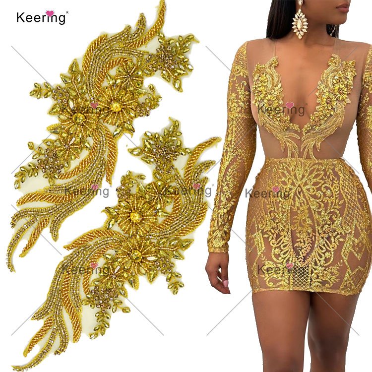 WDP-303 Keering Silver Dense Glass Crystal Strass Rhinestone Leaf Applique Strip Shoulder