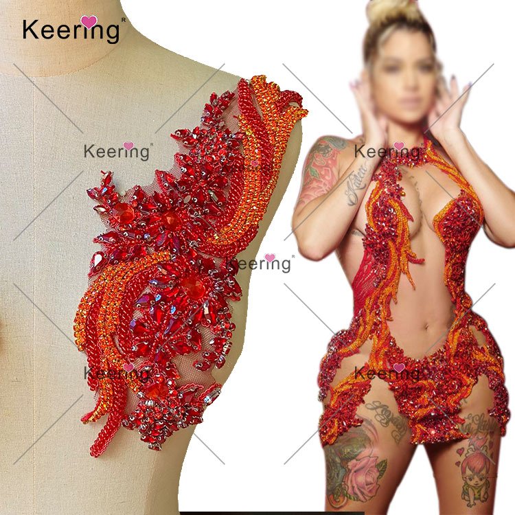 WDP-303 Keering Silver Dense Glass Crystal Strass Rhinestone Leaf Applique Strip Shoulder