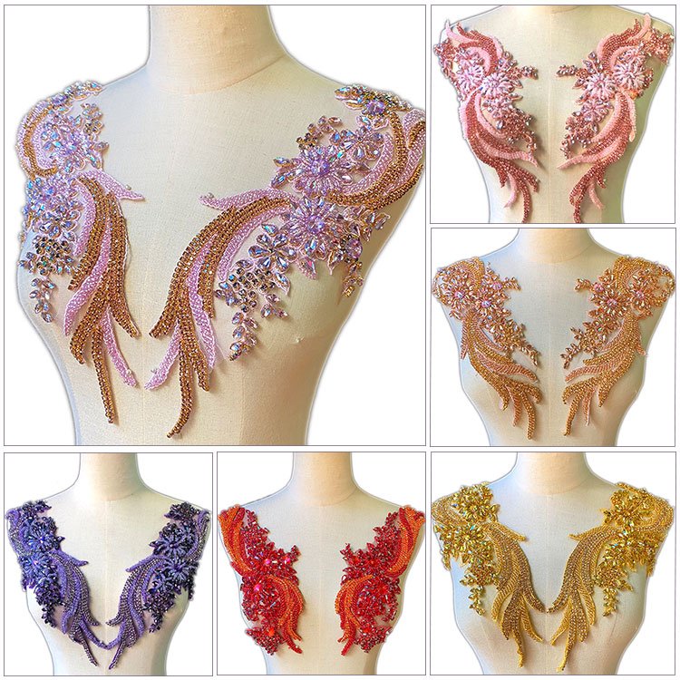 WDP-303 Keering Silver Dense Glass Crystal Strass Rhinestone Leaf Applique Strip Shoulder