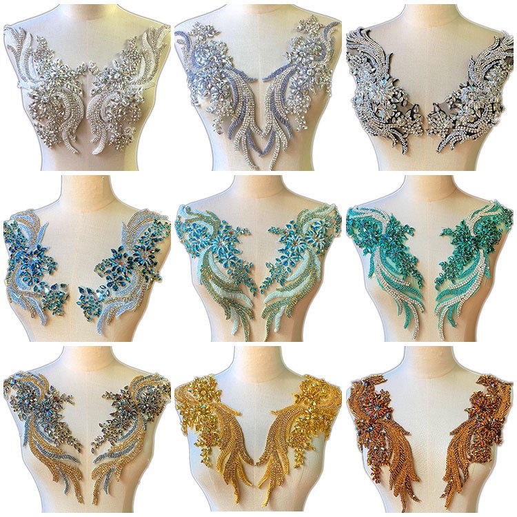 WDP-303 Keering Silver Dense Glass Crystal Strass Rhinestone Leaf Applique Strip Shoulder