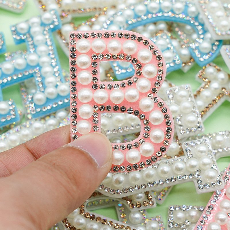 new 4.5cm A-Z alphabet self-ahesive rhinestone pearl letter patch applique for bag cap clothes