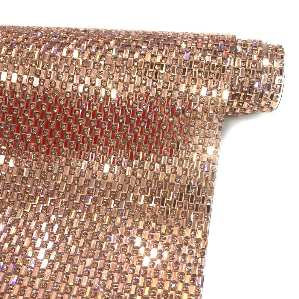 S199 Factory supply 24*40cm hot fix Lt Peach Glass stones crystal rhinestone mesh adhesive rhinestone sheets