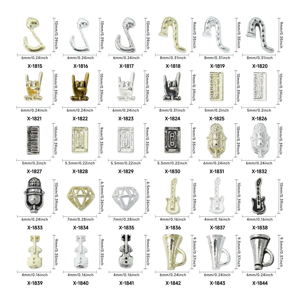 10pcs Fancy Crystal Rhinestone Silver gold Music Sign Musical instrument Deco Metal Charms Metal Deco Charms Nail Art