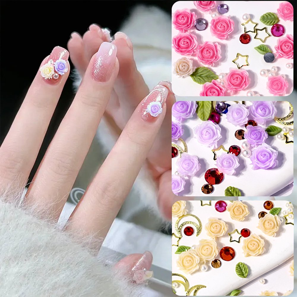 10g/Bag Gradient Rose Flowers Nail Charms 3D Colorful Mixed Size Camellia Flowers Nails Rhinestones DIY ins Manicure Accessories