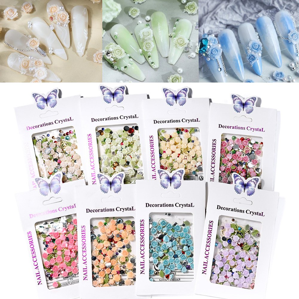 10g/Bag Gradient Rose Flowers Nail Charms 3D Colorful Mixed Size Camellia Flowers Nails Rhinestones DIY ins Manicure Accessories