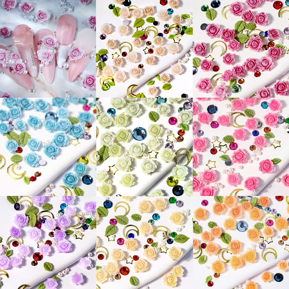 10g/Bag Gradient Rose Flowers Nail Charms 3D Colorful Mixed Size Camellia Flowers Nails Rhinestones DIY ins Manicure Accessories