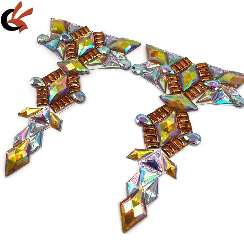 T shape full gems Yellow AB and clear AB colors Iron on Hot fix rhinestone appliques for Carnival costume decoration
