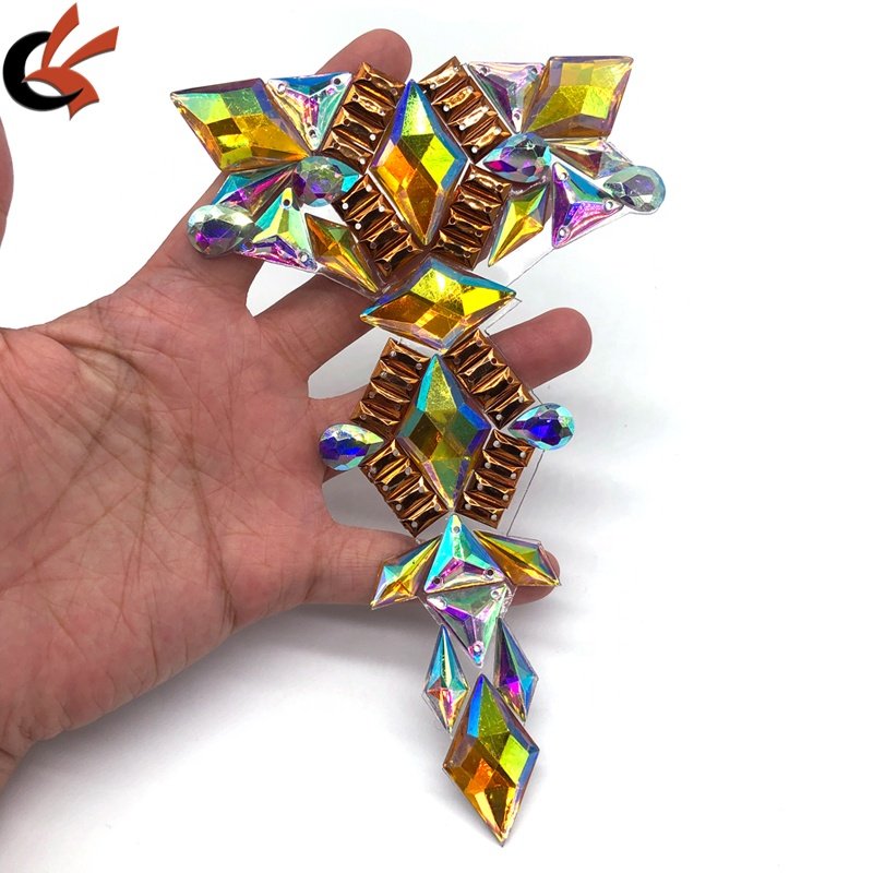 T shape full gems Yellow AB and clear AB colors Iron on Hot fix rhinestone appliques for Carnival costume decoration