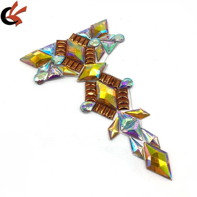 T shape full gems Yellow AB and clear AB colors Iron on Hot fix rhinestone appliques for Carnival costume decoration