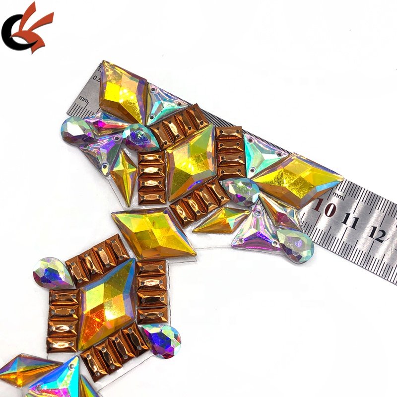 T shape full gems Yellow AB and clear AB colors Iron on Hot fix rhinestone appliques for Carnival costume decoration