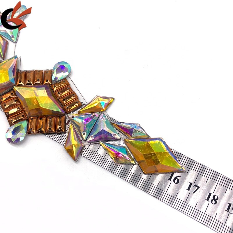 T shape full gems Yellow AB and clear AB colors Iron on Hot fix rhinestone appliques for Carnival costume decoration