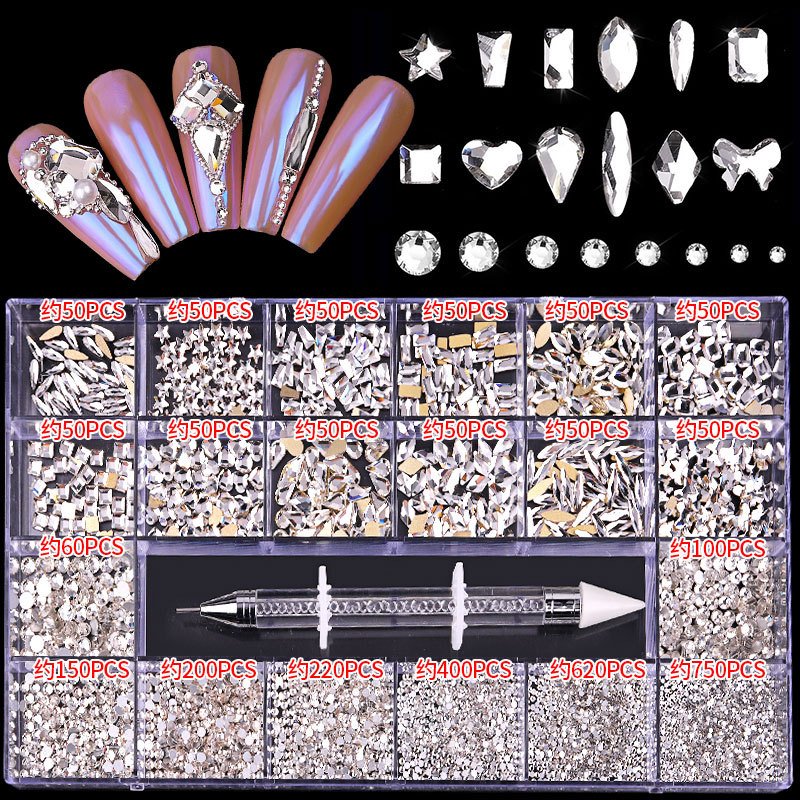 1000Pcs/Box Mixed AB Glass Crystal Diamond In Grids 21 Shape And SS4-SS20 Flatback Nail Art Rhinestone Set With 1 Pick Up Pen