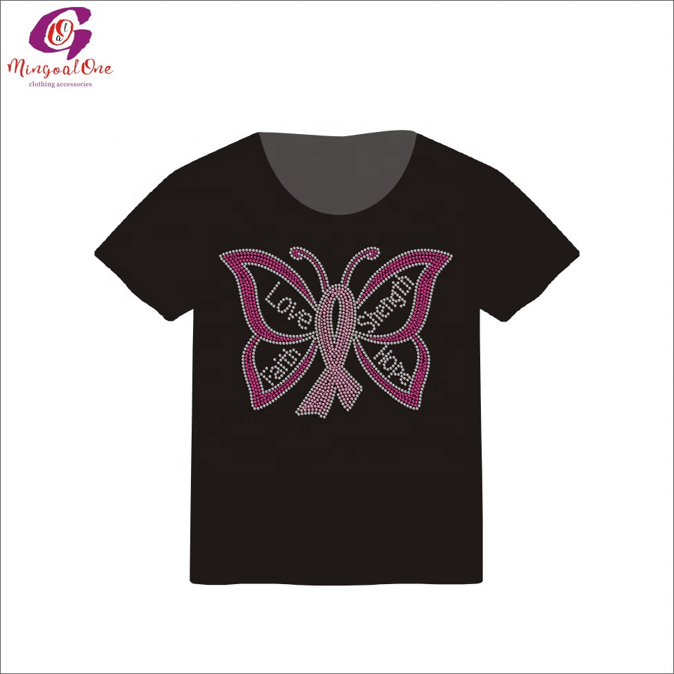 Factory Wholesale Price Pink Ribbon Wing Hot Fix Bling Rhinestone Transfer Custom Cancer Ribbon Design Iron On Rhinestone Motif