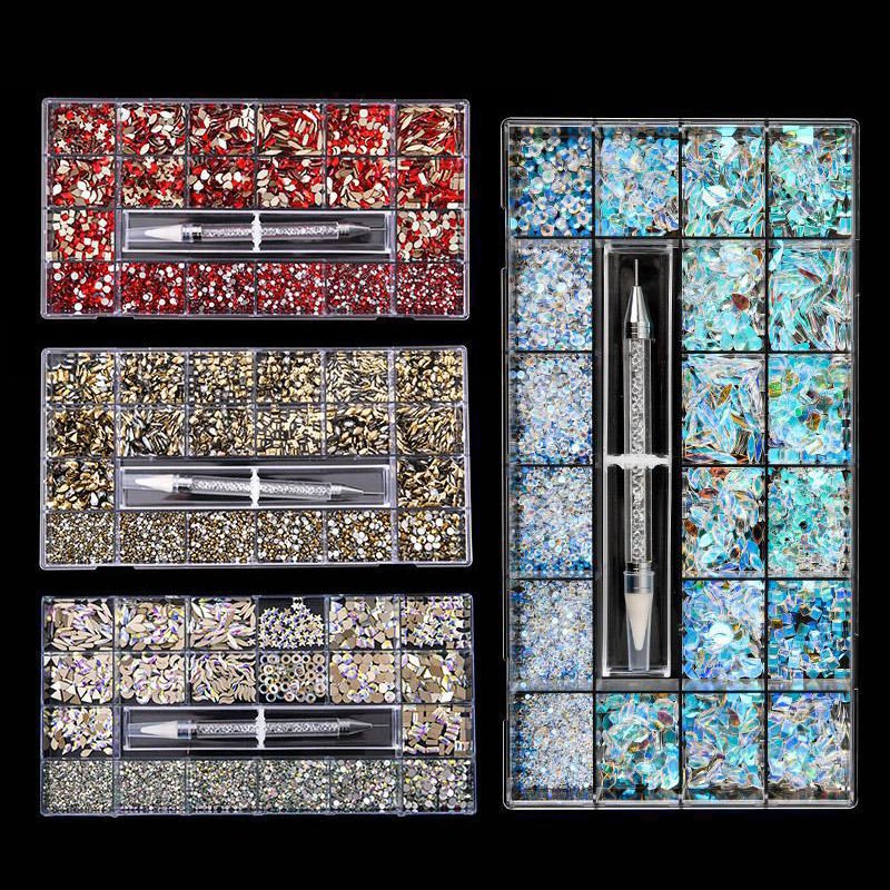 High Quality 21 Grids Multi Shape Glass Crystal Stone Decoration Design Flatback Nail Art Fancy Rhinestone Set Kit