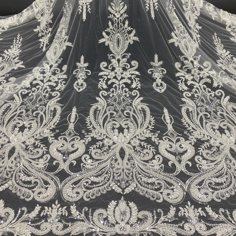 White rhinestone african lace couture fabric