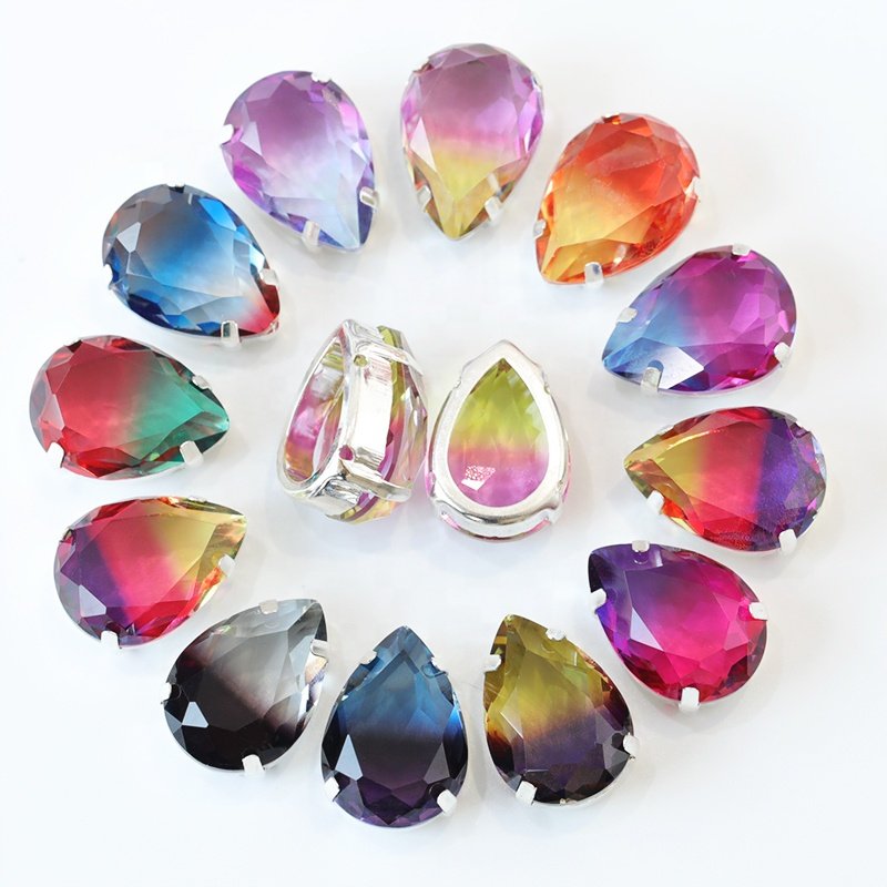 New arrival Sew on Rhinestone Slides diy colorful Teardrop rhinestones sew on crystal glass stones with claw