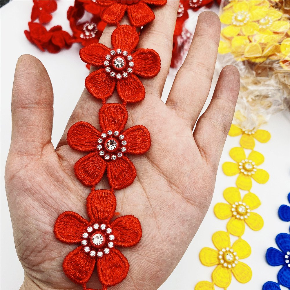 Wholesale flowers rhinestone Embroidered Diy Handmade lace trim Ribbon Sewing on African Nigeria Supplies Crafts