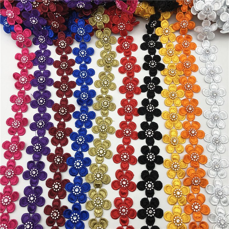 Wholesale flowers rhinestone Embroidered Diy Handmade lace trim Ribbon Sewing on African Nigeria Supplies Crafts