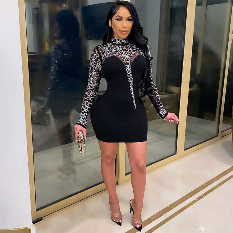 8898 Ladies Sexy Clothes Fashion Short Mini Dresses Patchwork Long Sleeve Rhinestone Club Night Dress For Woman