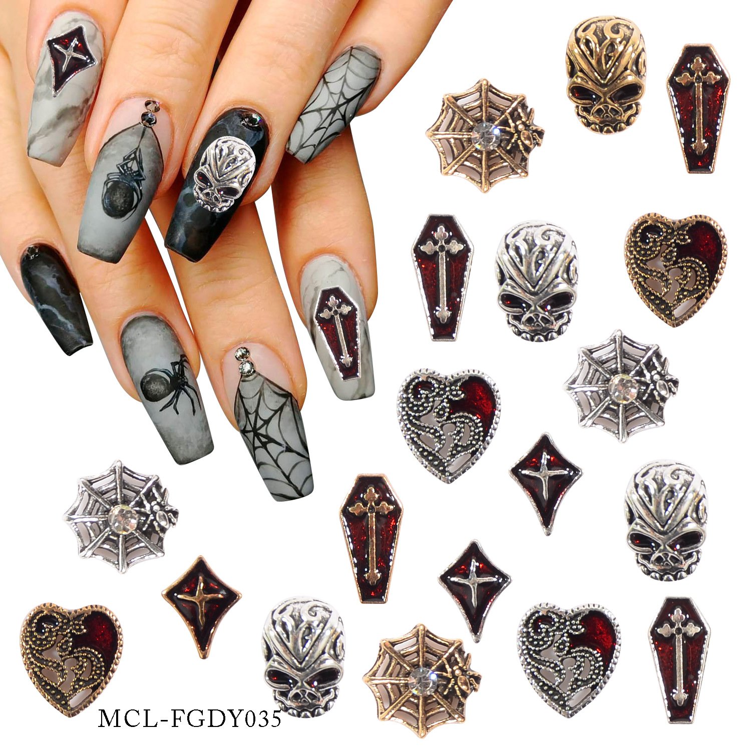 High Quality Vintage Cross Drum Tower Head Dark Croix Heart Spider 30PCS/Bag Halloween Nail Art Crystal Charms Rhinestone