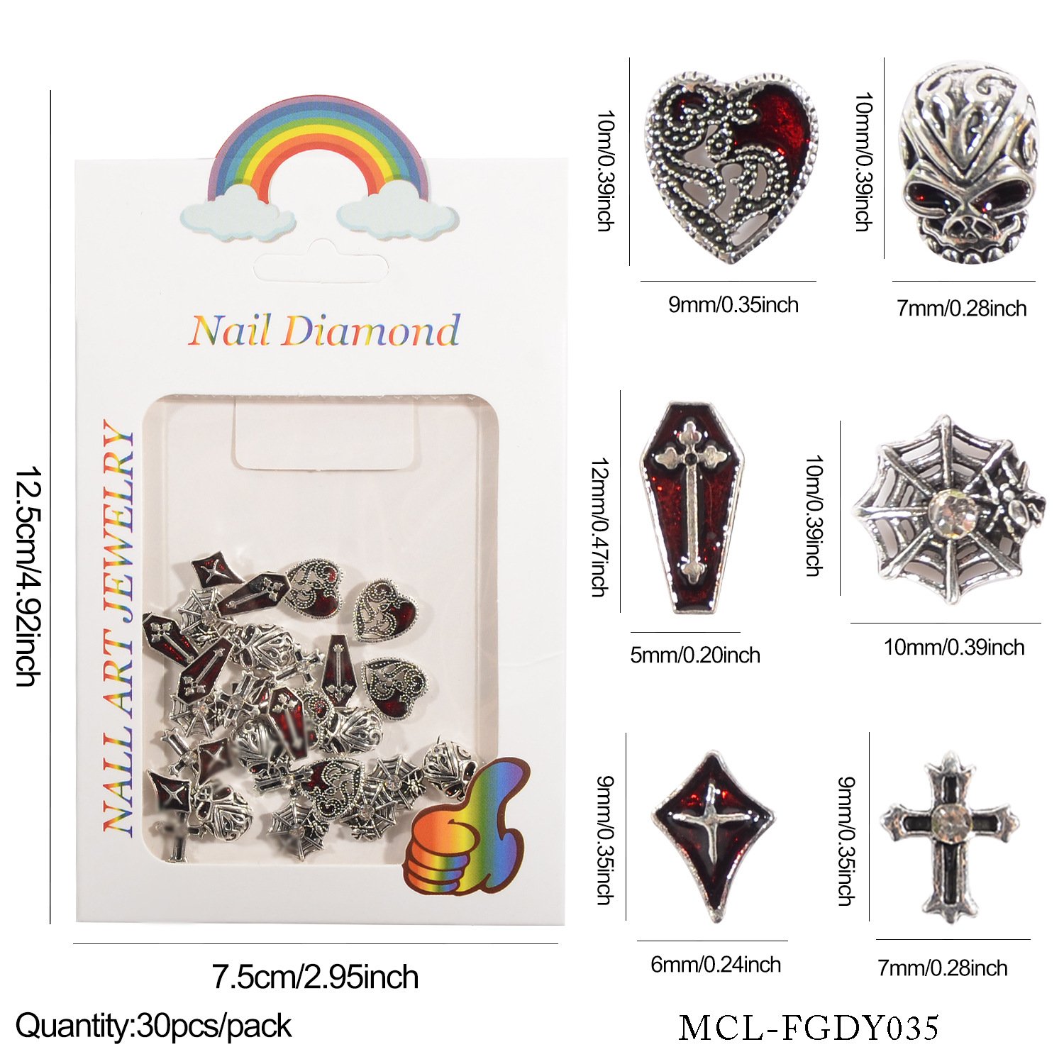 High Quality Vintage Cross Drum Tower Head Dark Croix Heart Spider 30PCS/Bag Halloween Nail Art Crystal Charms Rhinestone