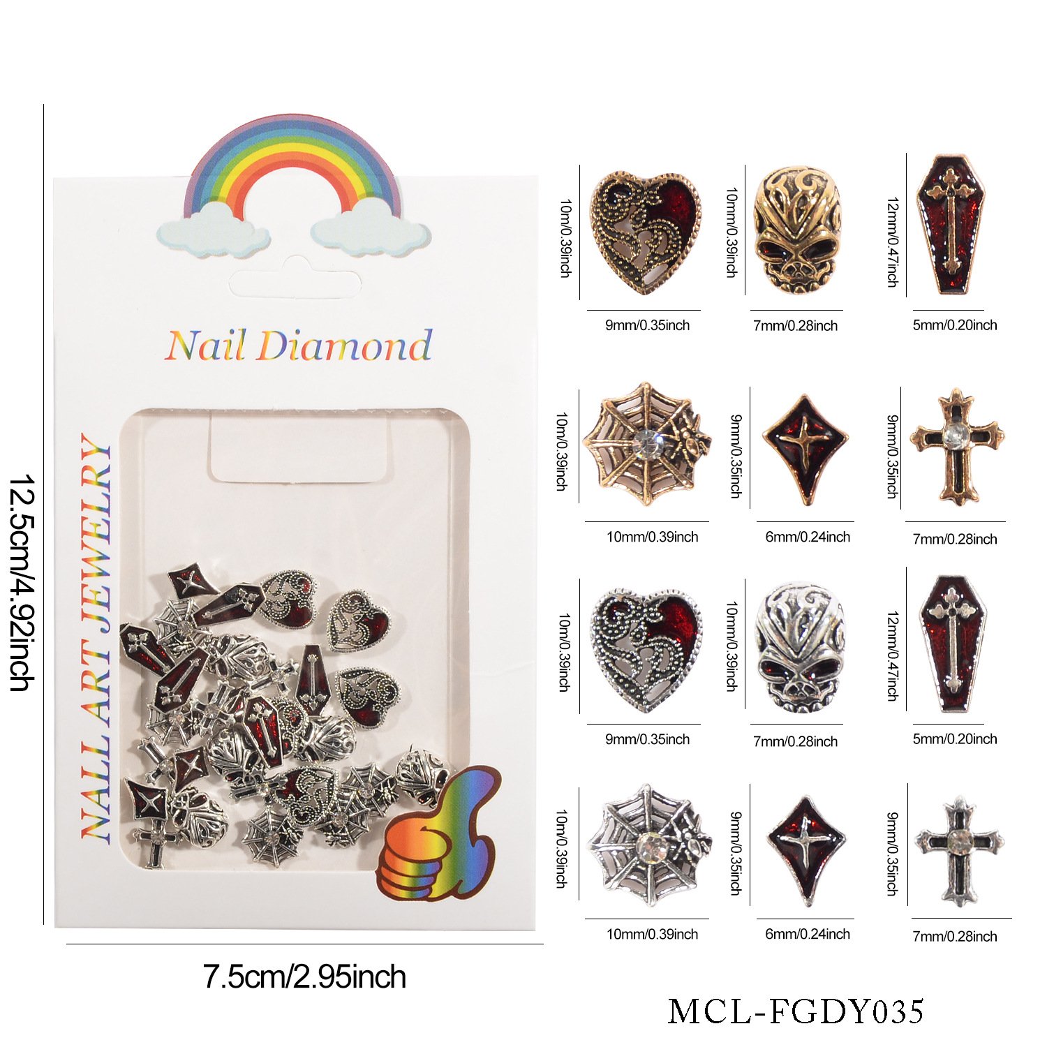 High Quality Vintage Cross Drum Tower Head Dark Croix Heart Spider 30PCS/Bag Halloween Nail Art Crystal Charms Rhinestone