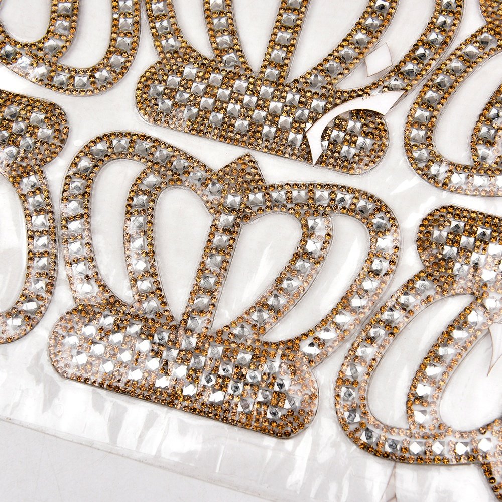 Hot Fix Lt Col Topaz Glass Rhinestone Crown Patches Kids Clothing Iron on Strass Motifs Customized Crystal Applique