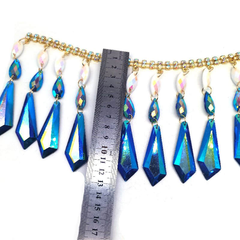 Customized New Caribbean Ethnic Carnival Women Costumes Crafts Decorative Blue AB Tassels Resin Rhinestone Chain Trimmings
