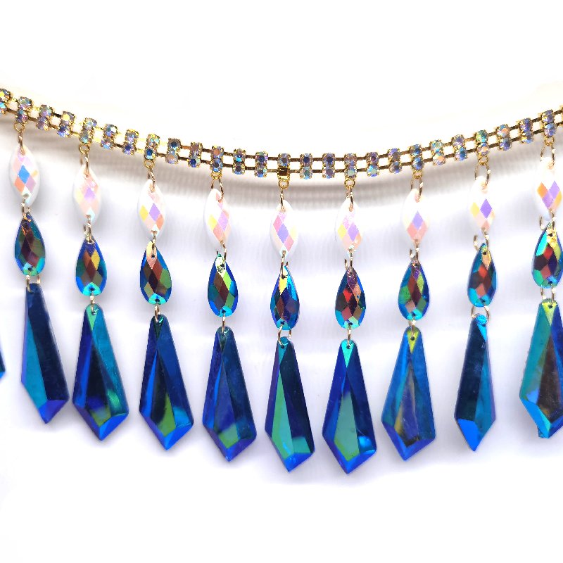 Customized New Caribbean Ethnic Carnival Women Costumes Crafts Decorative Blue AB Tassels Resin Rhinestone Chain Trimmings