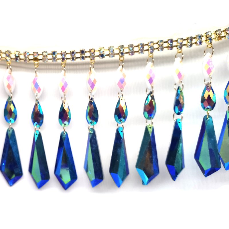Customized New Caribbean Ethnic Carnival Women Costumes Crafts Decorative Blue AB Tassels Resin Rhinestone Chain Trimmings