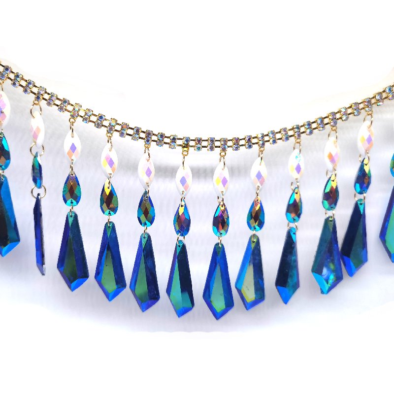 Customized New Caribbean Ethnic Carnival Women Costumes Crafts Decorative Blue AB Tassels Resin Rhinestone Chain Trimmings