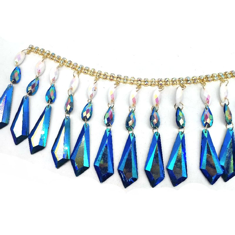 Customized New Caribbean Ethnic Carnival Women Costumes Crafts Decorative Blue AB Tassels Resin Rhinestone Chain Trimmings