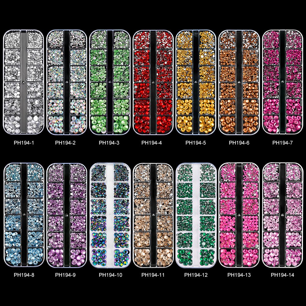 Factory Wholesale 12 grids multi-size glass nail rhinestones mixed colors strasss 3D charm DIY manicure nail decoration