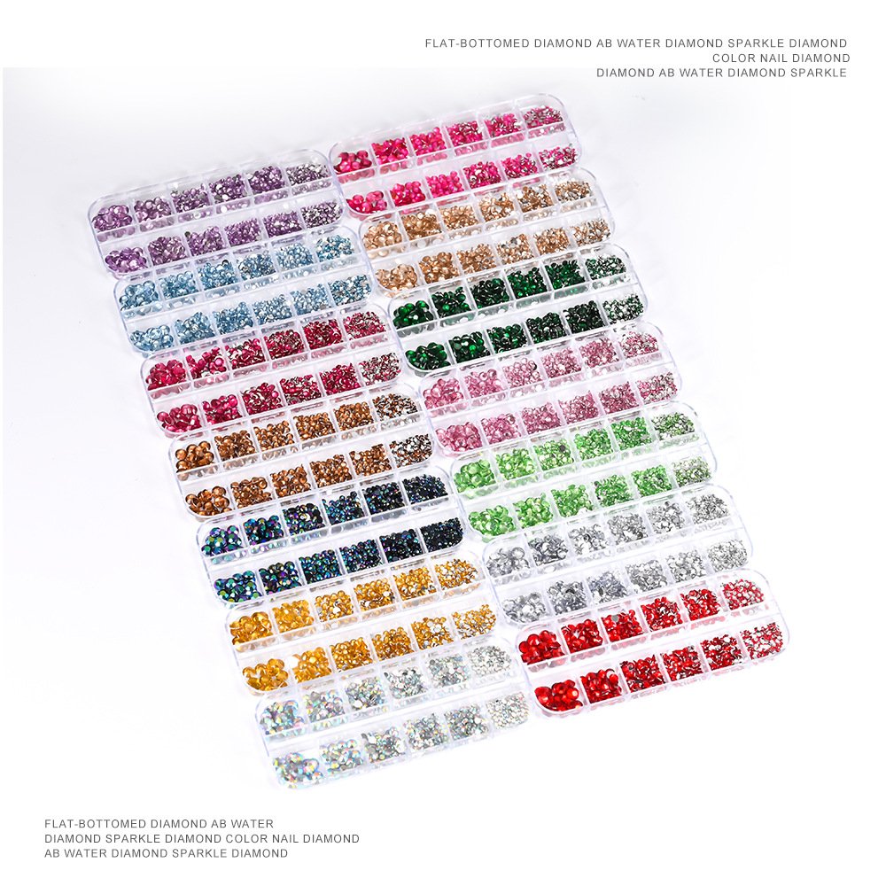 Factory Wholesale 12 grids multi-size glass nail rhinestones mixed colors strasss 3D charm DIY manicure nail decoration