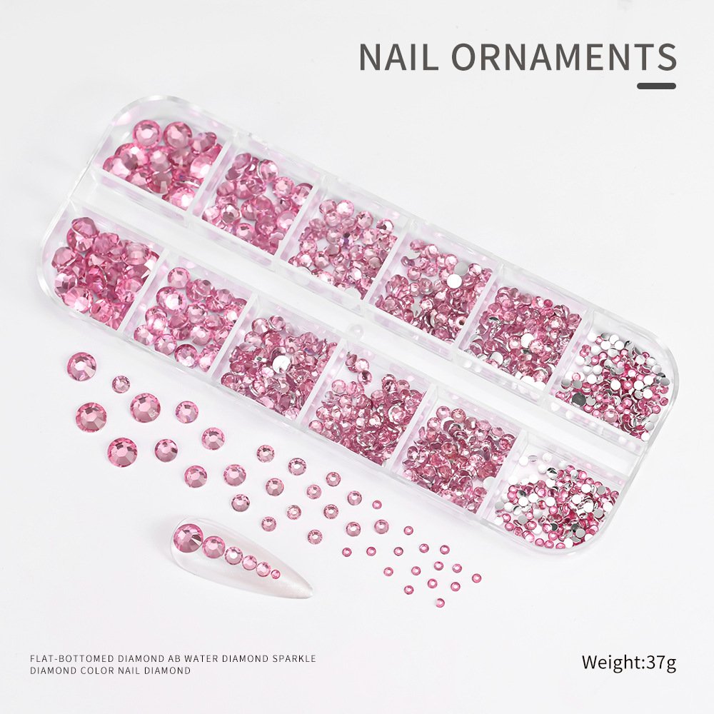 Factory Wholesale 12 grids multi-size glass nail rhinestones mixed colors strasss 3D charm DIY manicure nail decoration