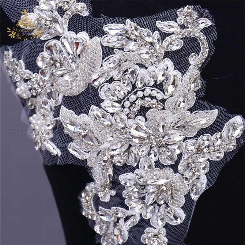 Crystal wedding sash applique sew on bridal pearl beads dress bodice rhinestone applique