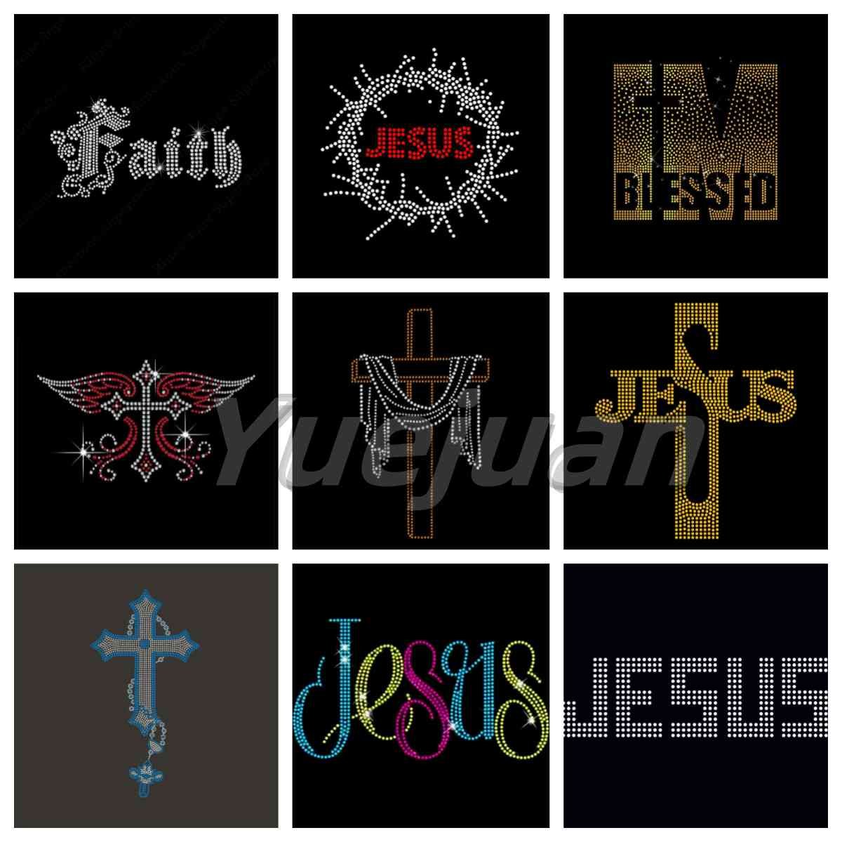 Custom Hotfix Crystal Faith Cross Jesus Crucifix Pray Hand Design Iron On Faith Cross Rhinestone Transfers Patch For DIY Garment