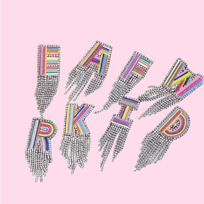 Imported Embroidery Handmade Shiny Waterfall Colorful Letter Rhinestone Crystal Fringe Brooch