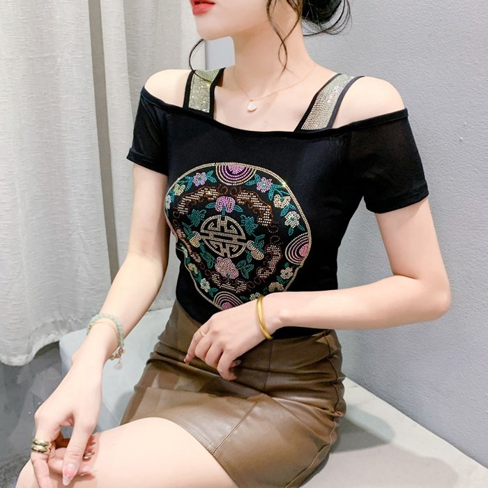 Hot sales Women's Floral Print Off Shoulder Rhinestone Shiny Sequined Clothes Tops Nightclub Short Sleeve Shirts Party T-shirt