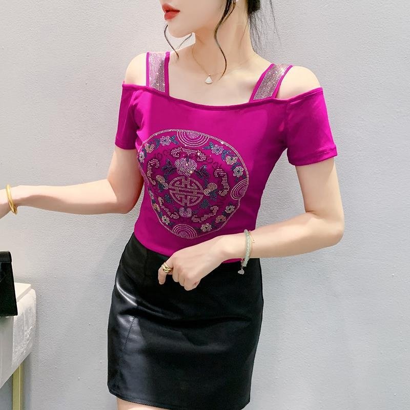 Hot sales Women's Floral Print Off Shoulder Rhinestone Shiny Sequined Clothes Tops Nightclub Short Sleeve Shirts Party T-shirt