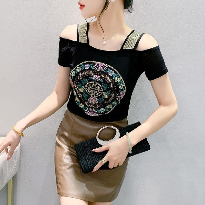 Hot sales Women's Floral Print Off Shoulder Rhinestone Shiny Sequined Clothes Tops Nightclub Short Sleeve Shirts Party T-shirt