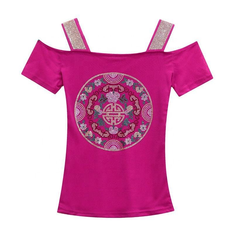 Hot sales Women's Floral Print Off Shoulder Rhinestone Shiny Sequined Clothes Tops Nightclub Short Sleeve Shirts Party T-shirt