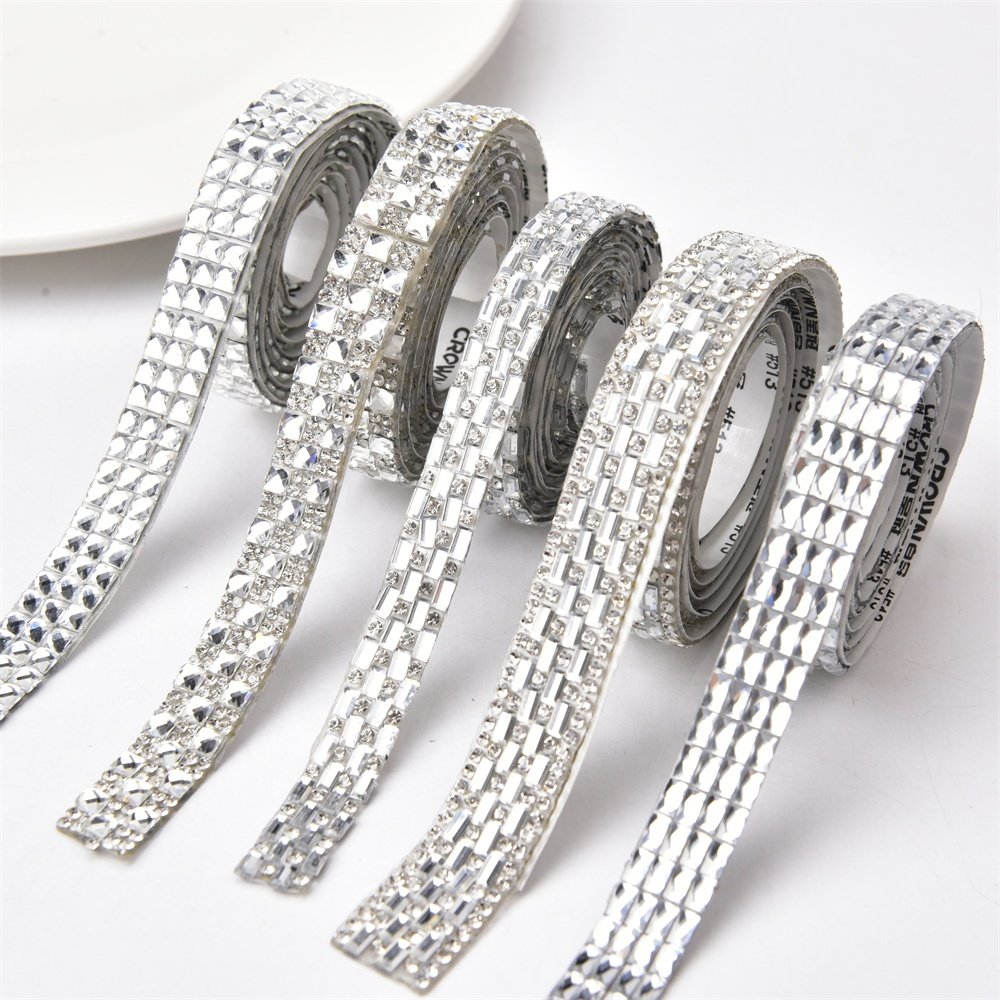 Glitter White Crystal Rhinestone Tape Trim Self-Adhesive Glass Appliques Diamond Sticker For Dress Shoe Adornment Ribbon